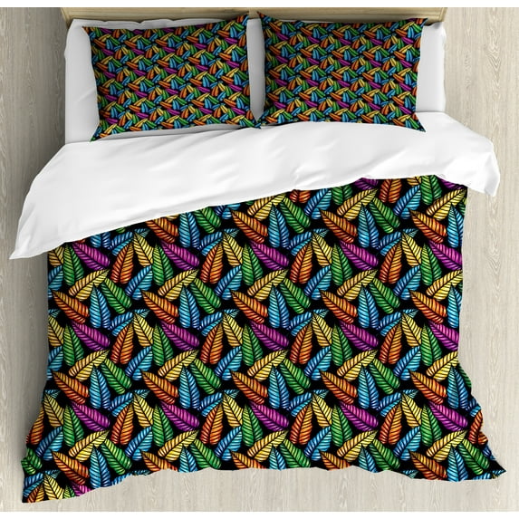 Leaves Duvet Cover Set, Hawaiian Themed Computer Graphics of Colorful Tropical Plantation, Decorative 3 Piece Bedding Set with 2 Pillow Shams, King Size, Charcoal Grey Multicolor, by Ambesonne