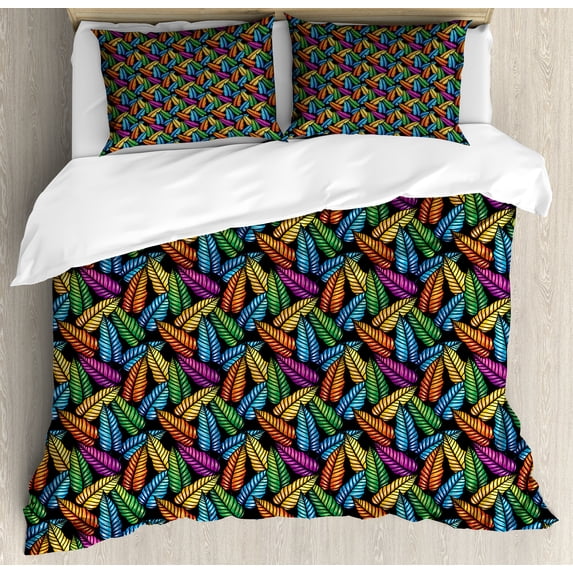 Leaves Duvet Cover Set, Hawaiian Themed Computer Graphics of Colorful Tropical Plantation, Decorative 3 Piece Bedding Set with 2 Pillow Shams, Queen Size, Charcoal Grey Multicolor, by Ambesonne