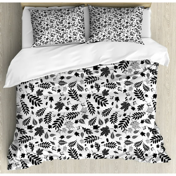 Leaves Duvet Cover Set King Size, Autumn Season in the Woods Themed Monochrome Pattern Deciduous Trees Maple Oak, Decorative 3 Piece Bedding Set with 2 Pillow Shams, Black White, by Ambesonne