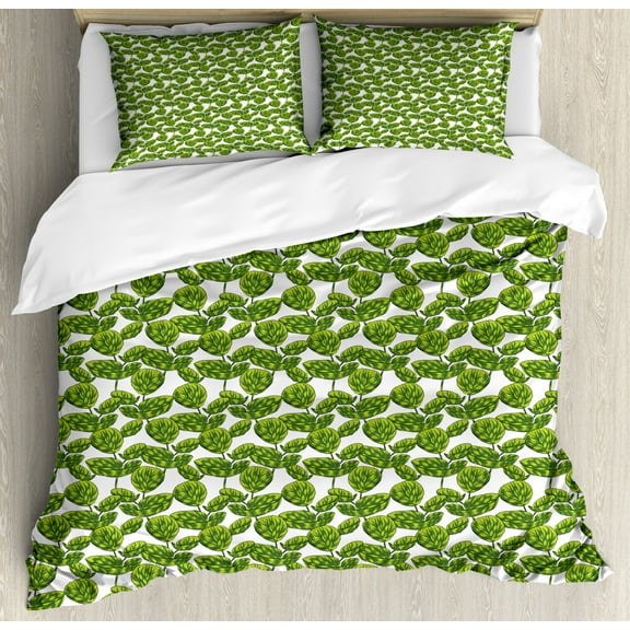 Leaves Duvet Cover Set King Size, Lush Forest Exotic Composition of Tropical Plants Warm Season Design, Decorative 3 Piece Bedding Set with 2 Pillow Shams, Green Dark Green and White, by Ambesonne