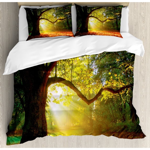 Leaves Duvet Cover Set, Majestic Mighty Oak Tree with Largely Broader Leaves Forest Sun Rays Nature, Decorative 3 Piece Bedding Set with 2 Pillow Shams, King Size, Orange Green Brown, by Ambesonne