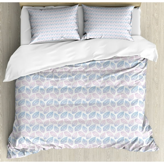 Leaves Duvet Cover Set Queen Size, Abstract Botanical Artistic Leaf Designs Pattern, Decorative 3 Piece Bedding Set with 2 Pillow Shams, Baby Pink Pale Ceil Blue and Pale Azure Blue, by Ambesonne