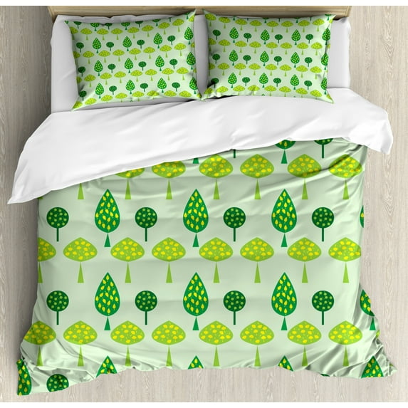 Leaves Duvet Cover Set Queen Size, Abstract Trees Drawing Style Blossoms Rhythmic Motifs of Nature Graphic, Decorative 3 Piece Bedding Set with 2 Pillow Shams, Pale Green Lime Green, by Ambesonne