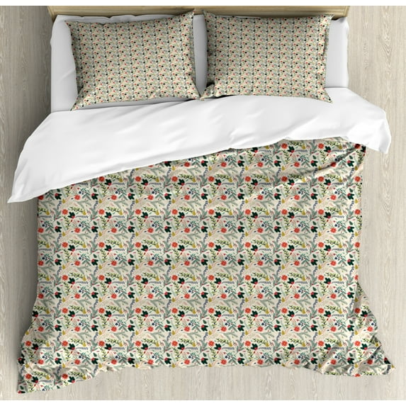 Leaves Duvet Cover Set Queen Size, Christmas Themed Foliage Motifs with Holly Berries and Mistletoes Season, Decorative 3 Piece Bedding Set with 2 Pillow Shams, Multicolor, by Ambesonne