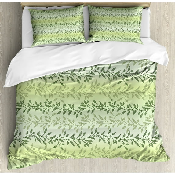 Leaves Duvet Cover Set Queen Size, Foliage Leaves Pattern with Venetian Inspirations Vintage Motifs Illustration, Decorative 3 Piece Bedding Set with 2 Pillow Shams, Green Pale Green, by Ambesonne