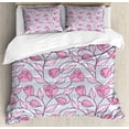 thumbnail image 1 of Leaves Duvet Cover Set, Rhythmic Pastel Tone Rose Flowers Sketch Leaves Foliage Motifs Illustration, Decorative 3 Piece Bedding Set with 2 Pillow Shams, Queen Size, Pale Blue Pale Pink, by Ambesonne, 1 of 3