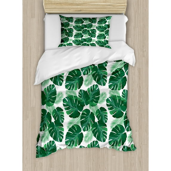 Leaves Duvet Cover Set, Rhythmic Wild Monstera Leaf Pinnate Motifs on Plain Backdrop Illustration, Decorative 2 Piece Bedding Set with 1 Pillow Shams, Twin Size, White and Jade Green, by Ambesonne