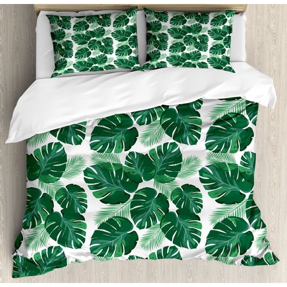 Leaves Duvet Cover Set, Rhythmic Wild Monstera Leaf Pinnate Motifs on Plain Backdrop Illustration, Decorative 3 Piece Bedding Set with 2 Pillow Shams, King Size, White and Jade Green, by Ambesonne