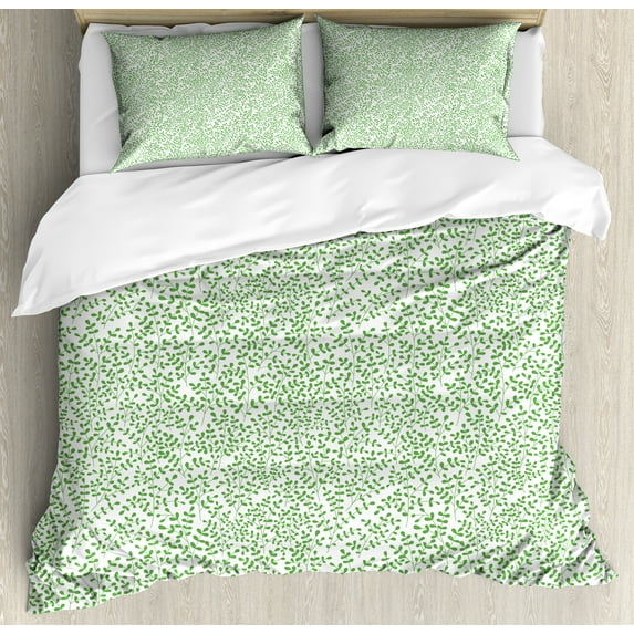 Leaves Duvet Cover Set, Simplistic Design of Stems and Plantation Greenery Botanical Meadow Scene, Decorative 3 Piece Bedding Set with 2 Pillow Shams, King Size, Fern Green and White, by Ambesonne