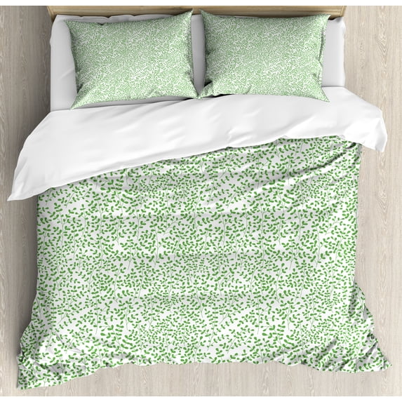 Leaves Duvet Cover Set, Simplistic Design of Stems and Plantation Greenery Botanical Meadow Scene, Decorative 3 Piece Bedding Set with 2 Pillow Shams, Queen Size, Fern Green and White, by Ambesonne