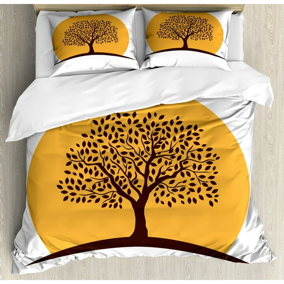 Leaves Duvet Cover Set, Tree of Life Inspired Botany Flora Round Simplistic Print, Decorative 3 Piece Bedding Set with 2 Pillow Shams, Queen Size, White Pale Orange, by Ambesonne