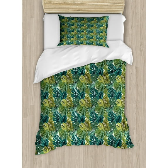 Leaves Duvet Cover Set, Tropical Hawaiian Rainforest Palm and Monstera, Decorative 2 Piece Bedding Set with 1 Pillow Shams, Twin Size, Olive Green Dark Teal, by Ambesonne
