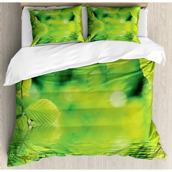 Leaves Duvet Cover Set, Leaves in Water Spa Open Your with Nature Ecological Monochrome Photo, Decorative 3 Piece Bedding Set with 2 Pillow Shams, King Size, Green, by Ambesonne