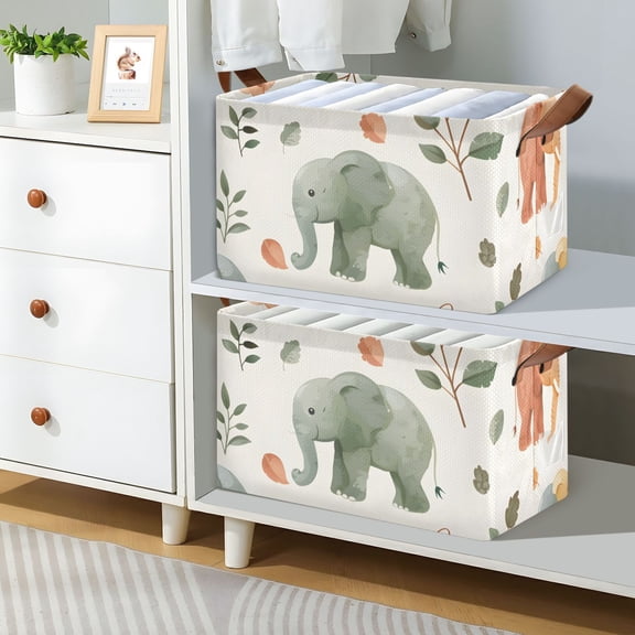 Leaves Elephants Foldable Storage Large Fabric Storage Baskets Organizer Storage Bins with Handles for Shelves