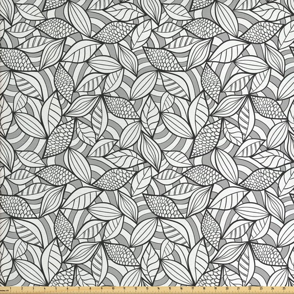 Ambesonne Leaves Fabric by the Yard Upholstery, Abstract Doodle Foliage, 2 Yards, Grey Black White