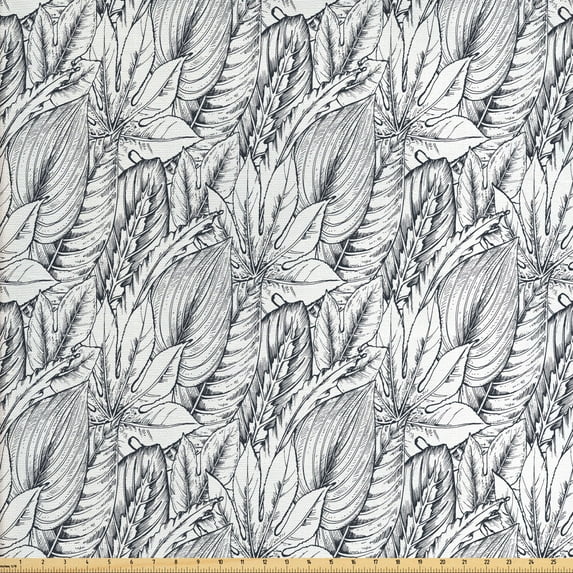 Leaves Fabric by the Yard, Autumn Themed Outline Monochrome Sketch of Different Kind Leaf Drawings, Upholstery Fabric for Dining Chairs Home Decor Accents, Dark Blue Grey White by Ambesonne