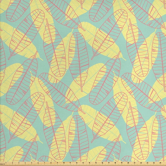 Leaves Fabric by the Yard, Banana Petals Floral Greenery Vegetation Linear Seasonal Doodle, Upholstery Fabric for Dining Chairs Home Decor Accents, Mint Green Peach by Ambesonne