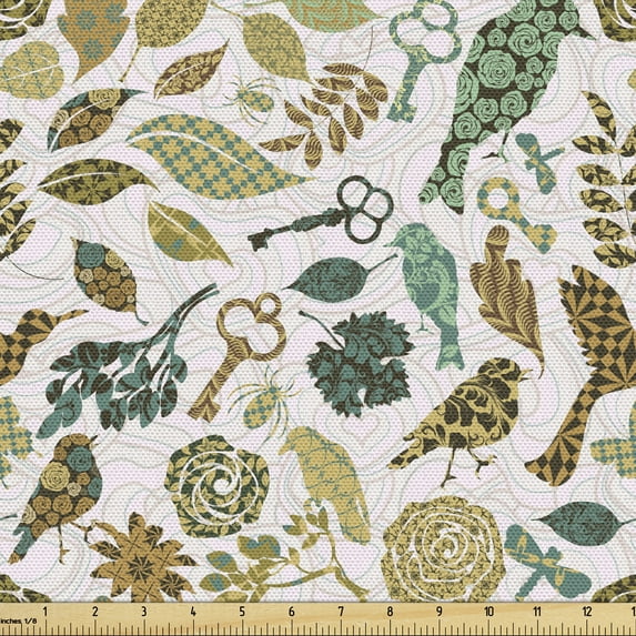 Ambesonne Leaves Fabric by the Yard Upholstery, Birds and Dragonflies, 1 Yard, Multicolor