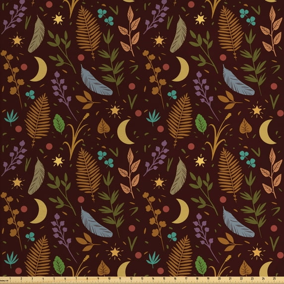 Leaves Fabric by the Yard, Dark Toned Stars Moon and Foliage Motifs Doodle Woodland Theme Oriental Folklore, Decorative Upholstery Fabric for Sofas and Home Accents, Multicolor by Ambesonne
