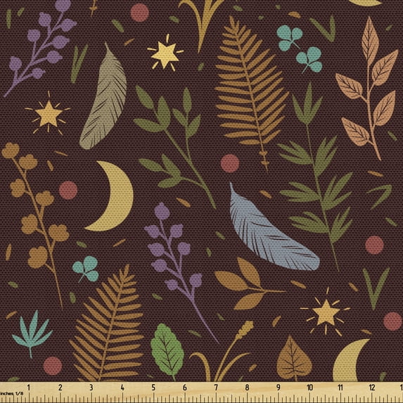 Leaves Fabric by the Yard, Dark Toned Stars Moon and Foliage Motifs Doodle Woodland Theme Oriental Folklore, Decorative Upholstery Fabric for Sofas and Home Accents, Multicolor by Ambesonne