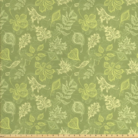 Leaves Fabric by the Yard, Demonstration of Various Plantation Leafy Items in Tones of Green Olive Green, Decorative Upholstery Fabric for Sofas and Home Accents, Green Pale Green by Ambesonne