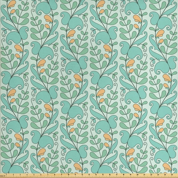 Leaves Fabric by the Yard, Hand-drawn Leafy Climber Pattern on Pale Green Background, Decorative Upholstery Fabric for Chairs & Home Accents, Reseda Green Pale Orange by Ambesonne