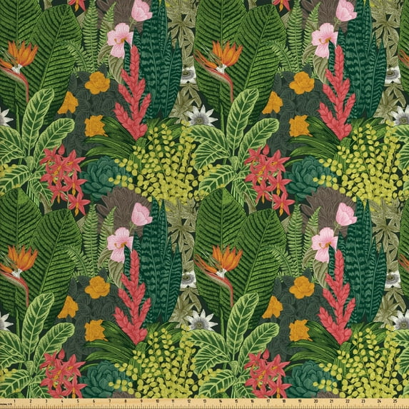 Leaves Fabric by the Yard, Jungle Forest Botanical Blossom Illustration with Assortment of Herbs Hawaii Flowers, Decorative Upholstery Fabric for Sofas and Home Accents, Multicolor by Ambesonne