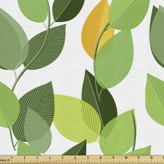 Ambesonne Leaves Fabric by the Yard Upholstery, Mother Nature Foliage, 1 Yard, Fern Green Marigold