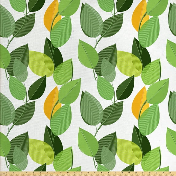 Ambesonne Leaves Fabric by the Yard Upholstery, Mother Nature Foliage, 10 Yards, Fern Green Marigold