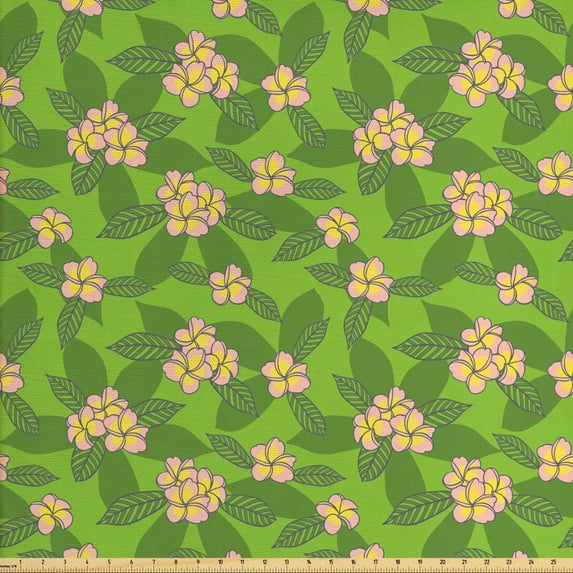 Leaves Fabric by the Yard, Repeating Hawaiian Frangipani Flowers Cartoon Design Blossoms Illustration, Decorative Upholstery Fabric for Sofas and Home Accents, Lime Green and Peach by Ambesonne