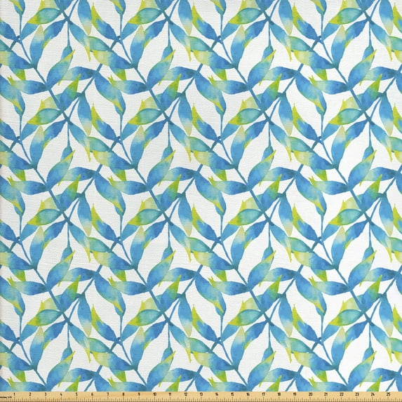 Ambesonne Leaves Fabric by the Yard Upholstery, Tropical Summer Branches, 3 Yards, Sky Blue Green and White