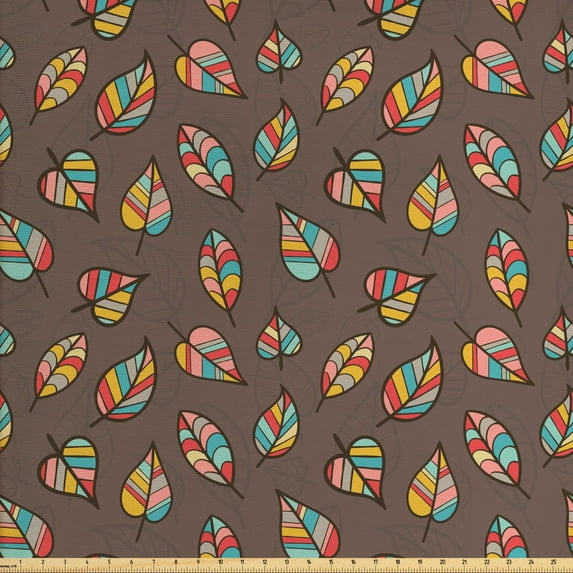Ambesonne Leaves Fabric by the Yard Upholstery, Striped Autumn Tree Herbs, 5 Yards, Taupe and Multicolor