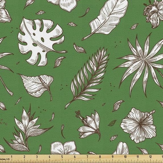 Leaves Fabric by the Yard Upholstery, Foliage Arrangement with Exotic Elements Hand Drawn Palm and Monsteras, Decorative Fabric for DIY and Home Accents, Green Brown and White by Ambesonne