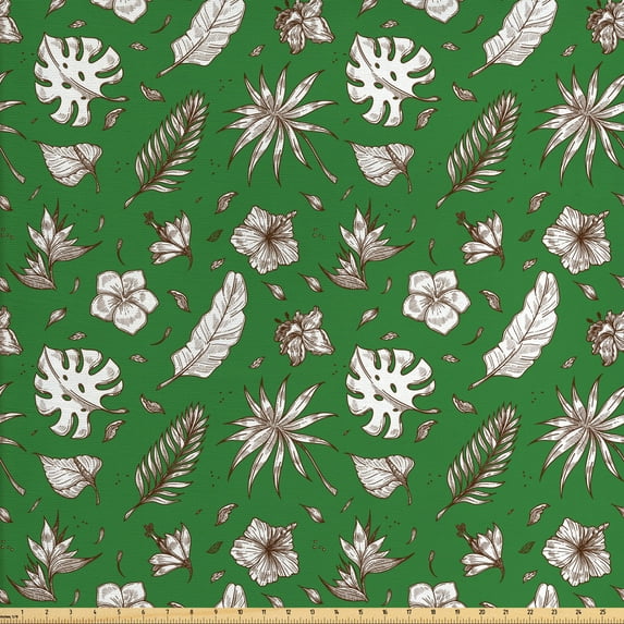 Leaves Fabric by the Yard Upholstery, Foliage Arrangement with Exotic Elements Hand Drawn Palm and Monsteras, Decorative Fabric for DIY and Home Accents, Green Brown and White by Ambesonne