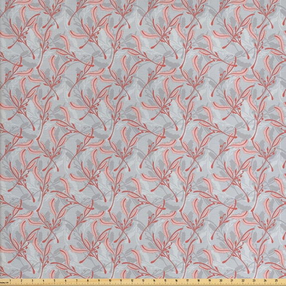Leaves Fabric by the Yard Upholstery, Mother Nature Tree of Life Branches Folk Nostalgia Celebration Print, Decorative Fabric for DIY and Home Accents, Grey Pink Dark Coral by Ambesonne
