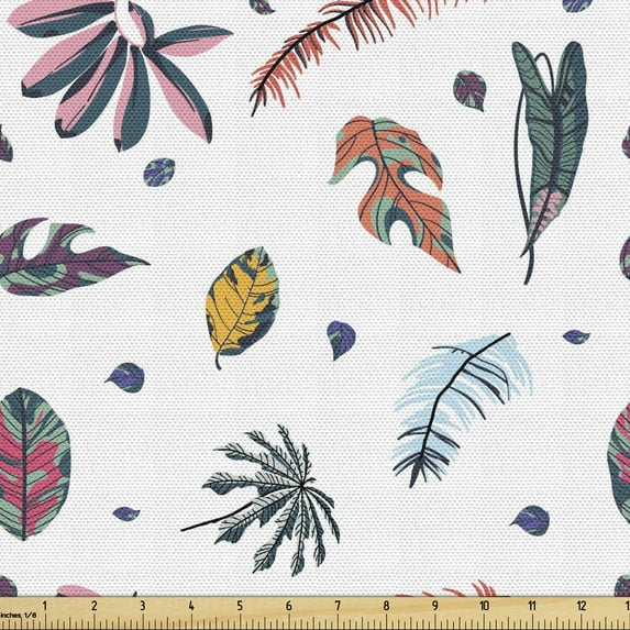 Ambesonne Leaves Fabric by the Yard Upholstery, Colorful Doodle Plantation, 3 Yards, Multicolor