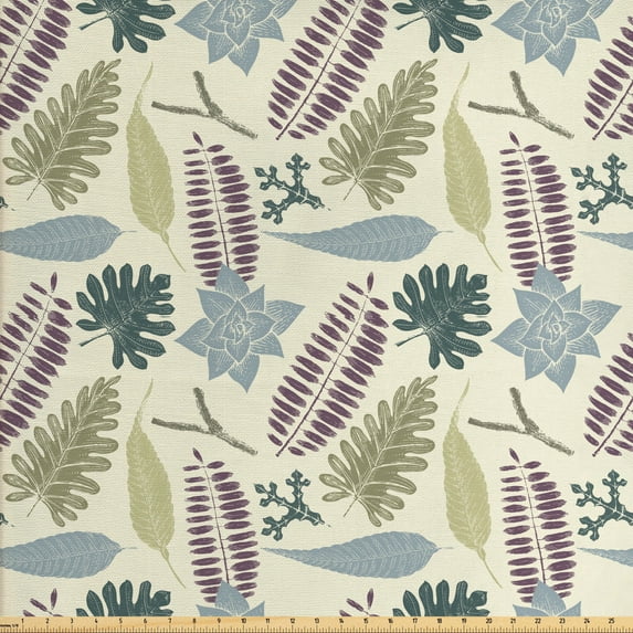 Leaves Fabric by the Yard Upholstery, Vintage Style Foliage Design Hand Drawn Botany Theme Blossoming Boho Nature Motifs, Decorative Fabric for DIY and Home Accents, Multicolor by Ambesonne