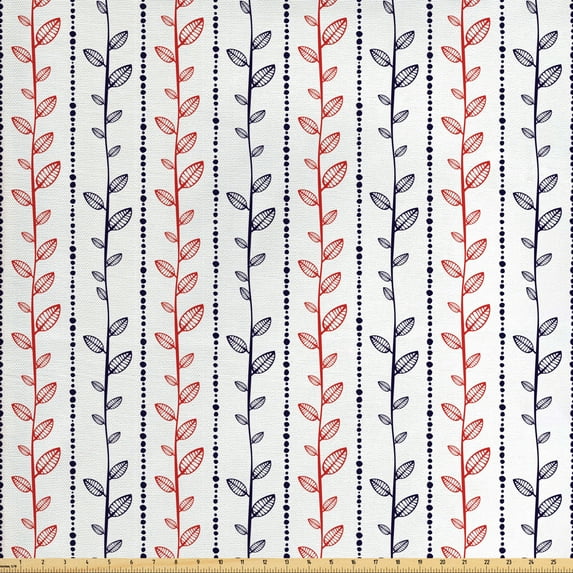 Ambesonne Leaves Fabric by the Yard Upholstery, Branches Dotted Lines, 10 Yards, Indigo Vermilion White