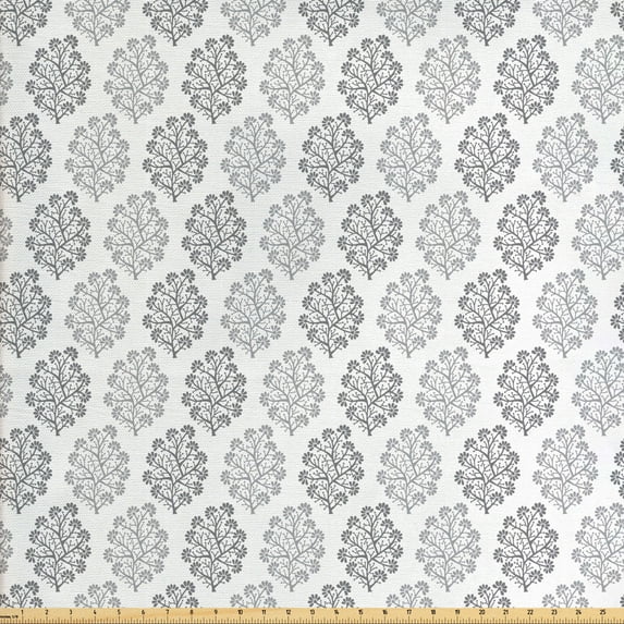 Ambesonne Leaves Fabric by the Yard Upholstery, Greyscale Foliage Design, 2 Yards, Grey White Pale Grey