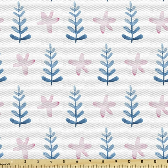Leaves Fabric by the Yard, Watercolor Paint Romantic Modern Soft Colored Floral Blooms Leaf Branches, Decorative Upholstery Fabric for Chairs & Home Accents, White Rose Sea Blue by Ambesonne
