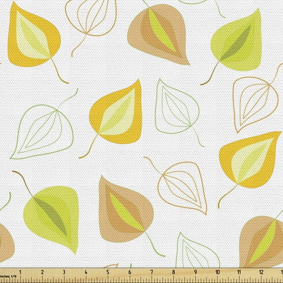 Leaves Fabric by the Yard, Colorful Creative Motifs Drawn by Hand, Decorative Upholstery Fabric for Chairs & Home Accents, Mustard White by Ambesonne