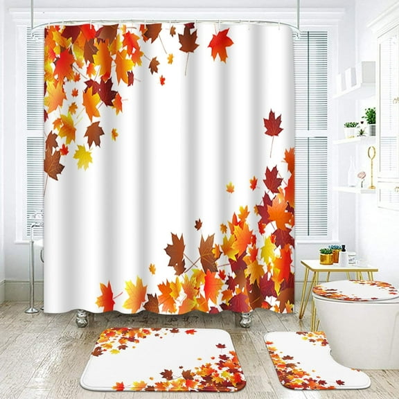Fall Leaves Bathroom Set with Shower Curtain and Rugs Accessories, Flying Maple Orange Shower Curtain Set, Fall Shower Curtain for Bathroom Autumn Bathroom Decor 4 Pcs