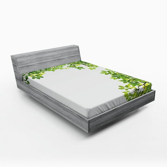 Leaves Fitted Sheet, Broad Leaves Close-up Background Garden Organic Foliage Shrubs Cells Plant Image, Soft Decorative Fabric Bedding, Queen Size, Green White, by Ambesonne