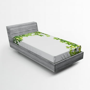 Leaves Fitted Sheet, Broad Leaves Close-up Background Garden Organic Foliage Shrubs Cells Plant Image, Soft Decorative Fabric Bedding, Twin XL Size, Green White, by Ambesonne