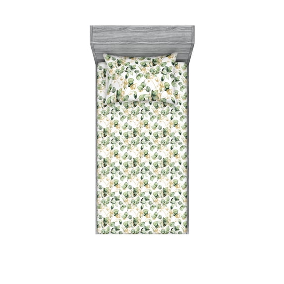 Leaves Fitted Sheet & Pillow Sham Set, Tropical Eucalyptus Branches Botanical Illustration Repetitive Pattern, Decorative Printed 2 Piece Bedding Decor, Twin, Camel Reseda Green White, by Ambesonne