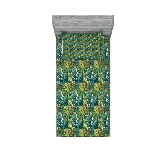 Leaves Fitted Sheet & Pillow Sham Set, Tropical Hawaiian Rainforest Palm and Monstera, Decorative Printed 4 Piece Bedding Decor Set, Twin, Olive Green Dark Teal, by Ambesonne