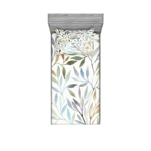 Leaves Fitted Sheet & Pillow Sham Set, Watercolor Floral Pattern Composition Vintage Brush Mark Pastel Foliage Illustration, Decorative 4 Piece Bedding Decor Set, Twin, Multicolor, by Ambesonne