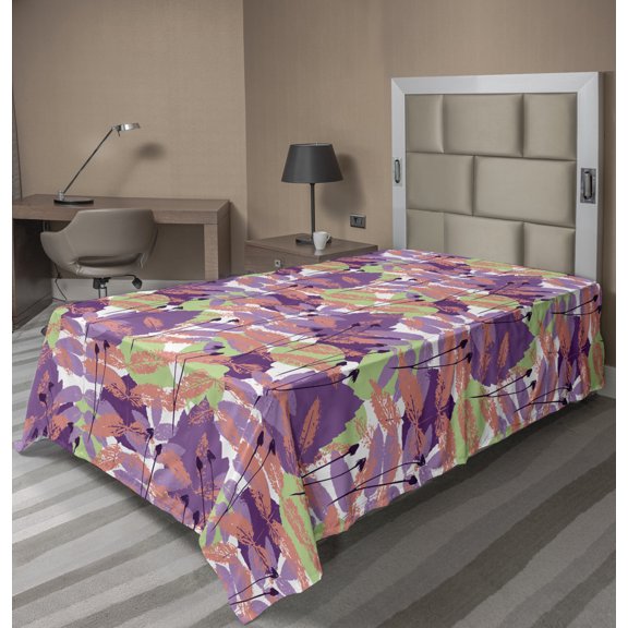 Leaves Flat Sheet, Botanical Themed Grungy Style Leaf Patterns in Pastel Colors Natural Artwork, Soft Comfortable Top Sheet Decorative Bedding 1 Piece, 6 Sizes, Violet Coral Green, by Ambesonne