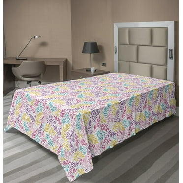Leaves Flat Sheet, Colorful Happy Nature Pattern with Leafy Branches, Soft Comfortable Top Sheet Decorative Bedding 1 Piece, 6 Sizes, Multicolor, by Ambesonne