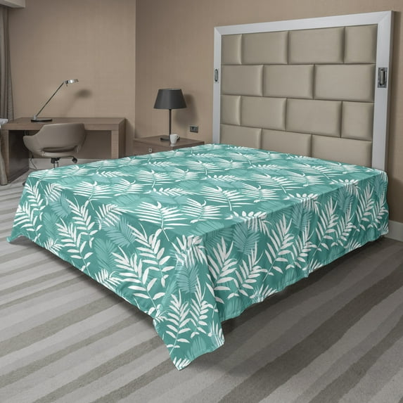 Ambesonne Leaves Flat Sheet, Warm Climate Foliage Motif, King Size, Dark Seafoam Multicolor